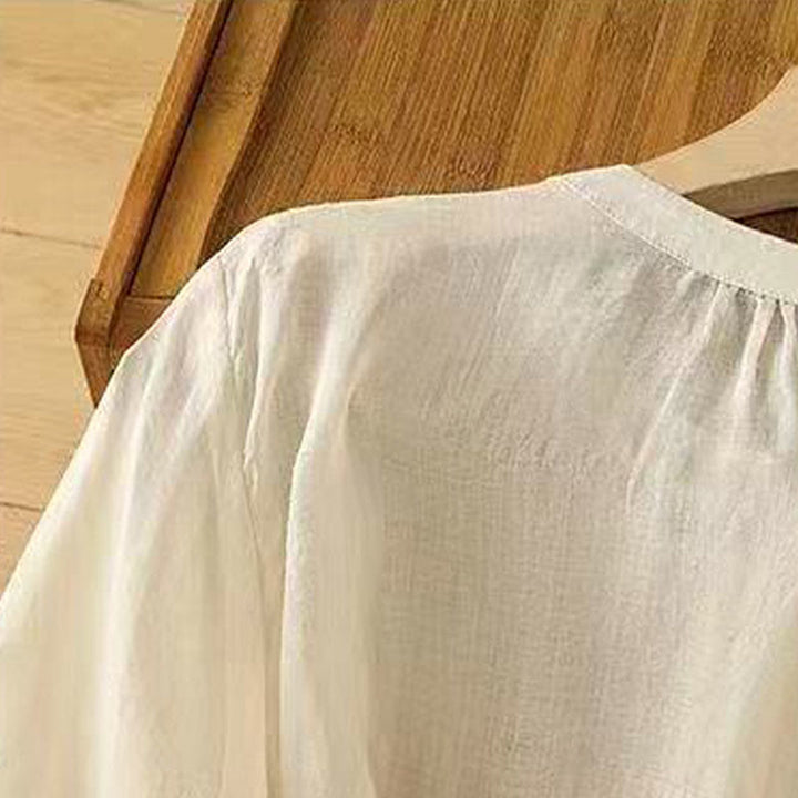 Camicia da donna in cotone con scollo a giro, manica corta, girocollo, con bottoni e ricamo Buddha Stones, casual e ampia - image 9