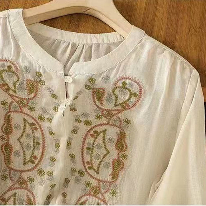 Camicia da donna in cotone con scollo a giro, manica corta, girocollo, con bottoni e ricamo Buddha Stones, casual e ampia - image 8