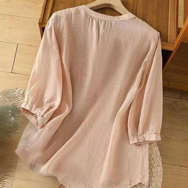 Camicia da donna in cotone con scollo a giro, manica corta, girocollo, con bottoni e ricamo Buddha Stones, casual e ampia - image 19