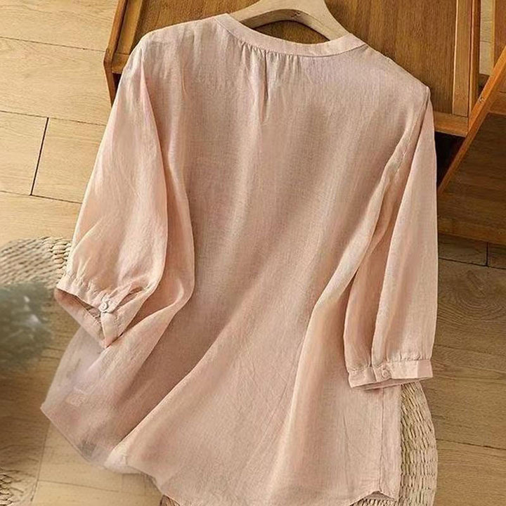 Camicia da donna in cotone con scollo a giro, manica corta, girocollo, con bottoni e ricamo Buddha Stones, casual e ampia - image 19