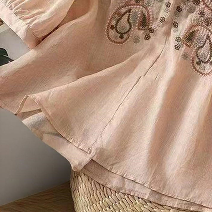 Camicia da donna in cotone con scollo a giro, manica corta, girocollo, con bottoni e ricamo Buddha Stones, casual e ampia - image 16