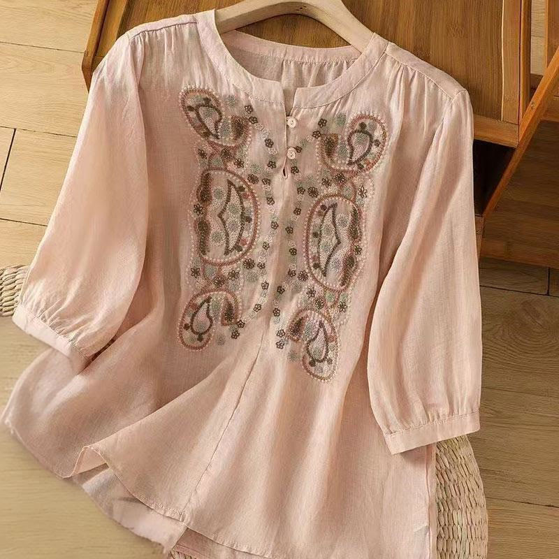 Camicia da donna in cotone con scollo a giro, manica corta, girocollo, con bottoni e ricamo Buddha Stones, casual e ampia - Rosa - US12, UK/AU16, EU44 (3XL) - image 12