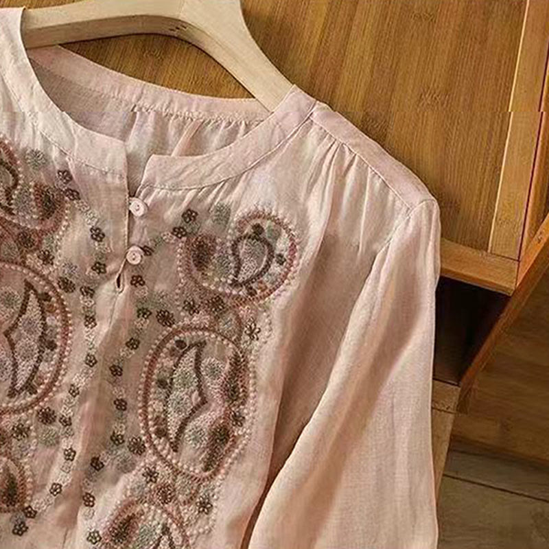 Camicia da donna in cotone con scollo a giro, manica corta, girocollo, con bottoni e ricamo Buddha Stones, casual e ampia - image 17