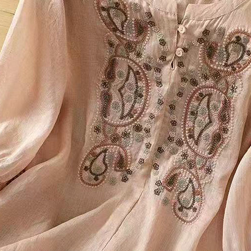 Camicia da donna in cotone con scollo a giro, manica corta, girocollo, con bottoni e ricamo Buddha Stones, casual e ampia - image 14