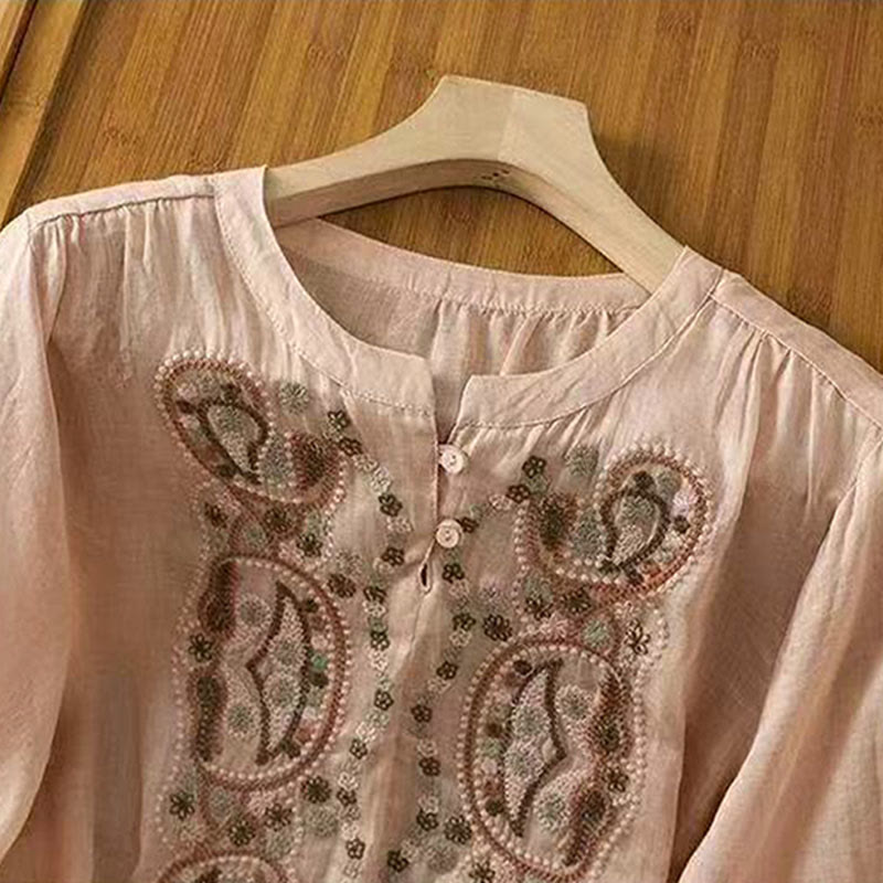 Camicia da donna in cotone con scollo a giro, manica corta, girocollo, con bottoni e ricamo Buddha Stones, casual e ampia - image 15