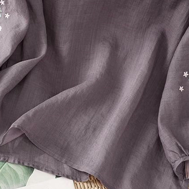 T-shirt da donna in cotone e lino con maniche a tre quarti, scollo rotondo, ricamo di fiori e foglie, motivo Buddha Stones