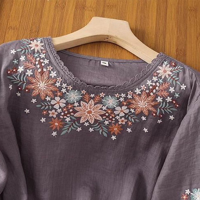 T-shirt da donna in cotone e lino con maniche a tre quarti, scollo rotondo, ricamo di fiori e foglie, motivo Buddha Stones