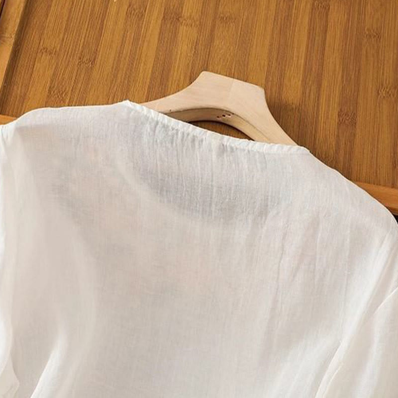 T-shirt da donna in cotone e lino con maniche a tre quarti, scollo rotondo, ricamo di fiori e foglie, motivo Buddha Stones