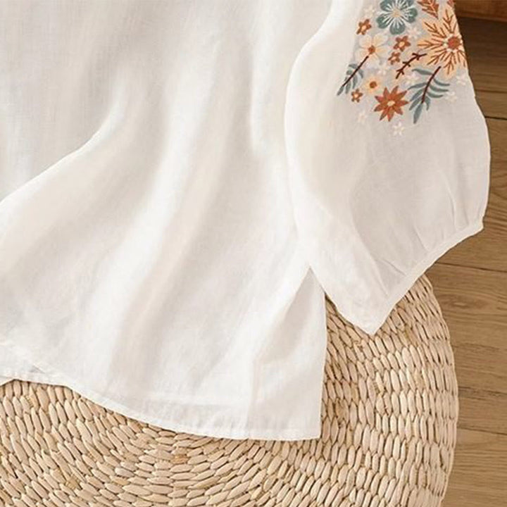 T-shirt da donna in cotone e lino con maniche a tre quarti, scollo rotondo, ricamo di fiori e foglie, motivo Buddha Stones