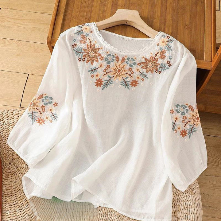 T-shirt da donna in cotone e lino con maniche a tre quarti, scollo rotondo, ricamo di fiori e foglie, motivo Buddha Stones