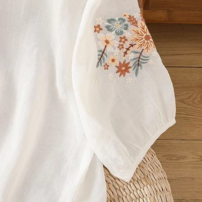 T-shirt da donna in cotone e lino con maniche a tre quarti, scollo rotondo, ricamo di fiori e foglie, motivo Buddha Stones