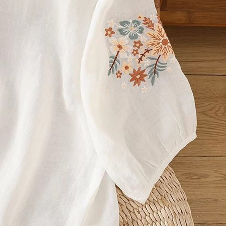 T-shirt da donna in cotone e lino con maniche a tre quarti, scollo rotondo, ricamo di fiori e foglie, motivo Buddha Stones