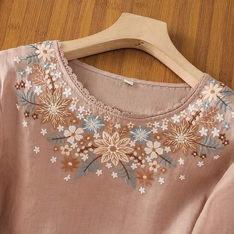 T-shirt da donna in cotone e lino con maniche a tre quarti, scollo rotondo, ricamo di fiori e foglie, motivo Buddha Stones