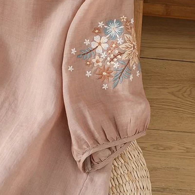 T-shirt da donna in cotone e lino con maniche a tre quarti, scollo rotondo, ricamo di fiori e foglie, motivo Buddha Stones