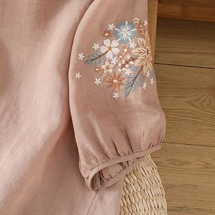 T-shirt da donna in cotone e lino con maniche a tre quarti, scollo rotondo, ricamo di fiori e foglie, motivo Buddha Stones