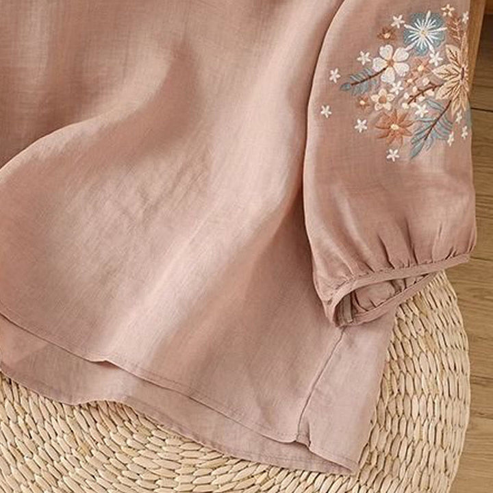 T-shirt da donna in cotone e lino con maniche a tre quarti, scollo rotondo, ricamo di fiori e foglie, motivo Buddha Stones