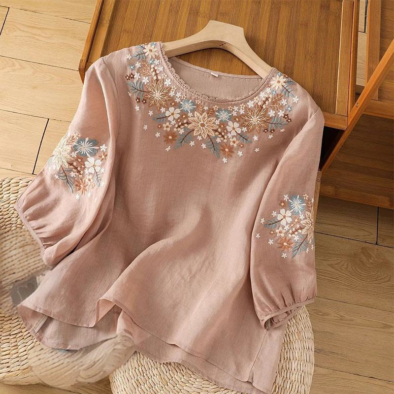 T-shirt da donna in cotone e lino con maniche a tre quarti, scollo rotondo, ricamo di fiori e foglie, motivo Buddha Stones
