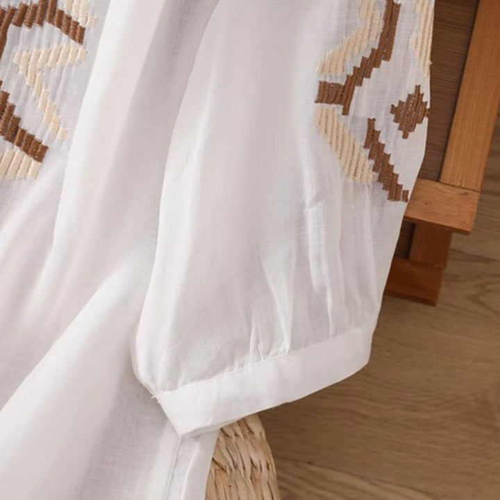 T-shirt casual da donna con scollo a giro, manica corta, in spandex, con ricamo simmetrico Buddha Stones - image 4