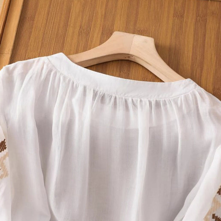 T-shirt casual da donna con scollo a giro, manica corta, in spandex, con ricamo simmetrico Buddha Stones - image 3