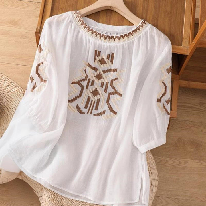 T-shirt casual da donna con scollo a giro, manica corta, in spandex, con ricamo simmetrico Buddha Stones