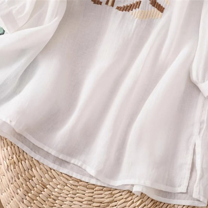 T-shirt casual da donna con scollo a giro, manica corta, in spandex, con ricamo simmetrico Buddha Stones - image 5