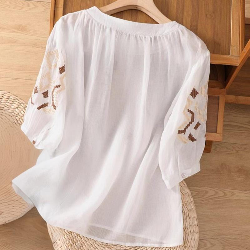 T-shirt casual da donna con scollo a giro, manica corta, in spandex, con ricamo simmetrico Buddha Stones - image 1