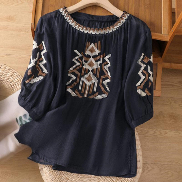 T-shirt casual da donna con scollo a giro, manica corta, in spandex, con ricamo simmetrico Buddha Stones