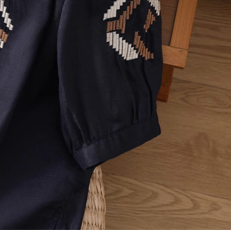 T-shirt casual da donna con scollo a giro, manica corta, in spandex, con ricamo simmetrico Buddha Stones