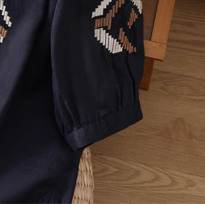 T-shirt casual da donna con scollo a giro, manica corta, in spandex, con ricamo simmetrico Buddha Stones