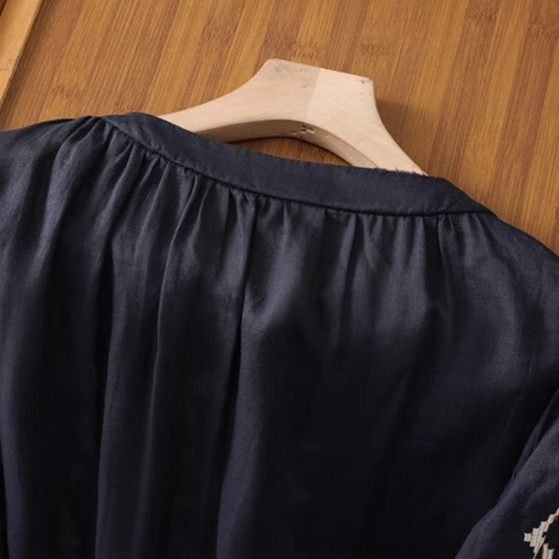 T-shirt casual da donna con scollo a giro, manica corta, in spandex, con ricamo simmetrico Buddha Stones