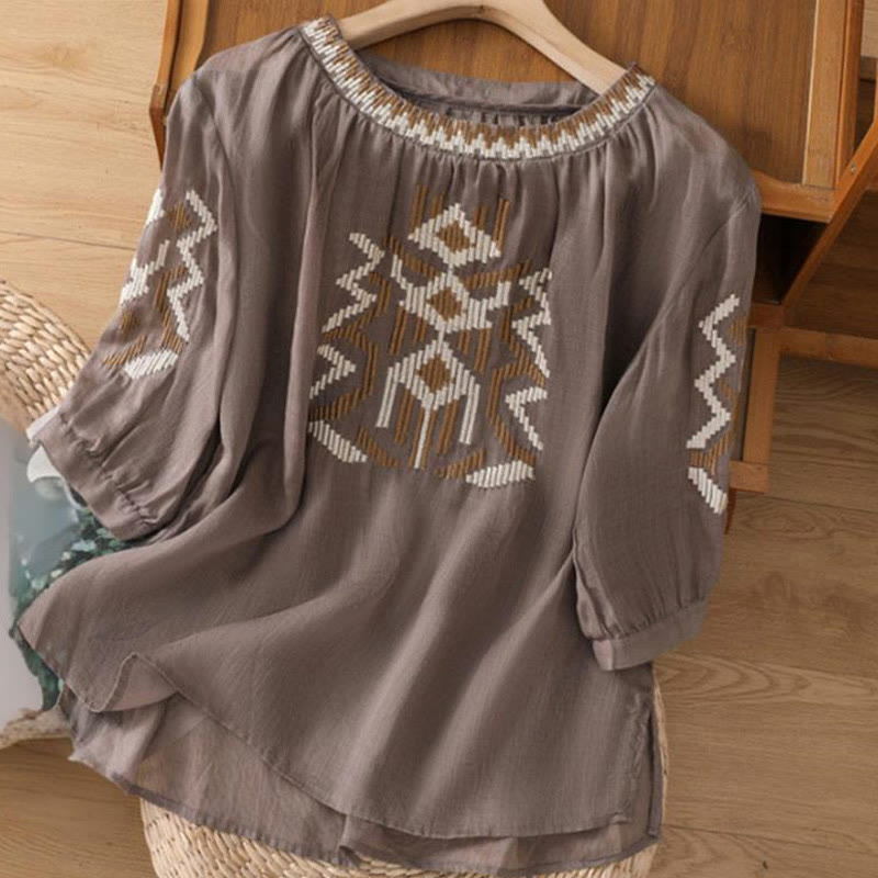 T-shirt casual da donna con scollo a giro, manica corta, in spandex, con ricamo simmetrico Buddha Stones