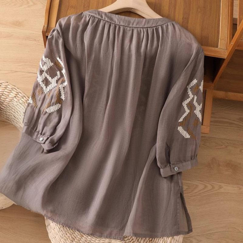 T-shirt casual da donna con scollo a giro, manica corta, in spandex, con ricamo simmetrico Buddha Stones