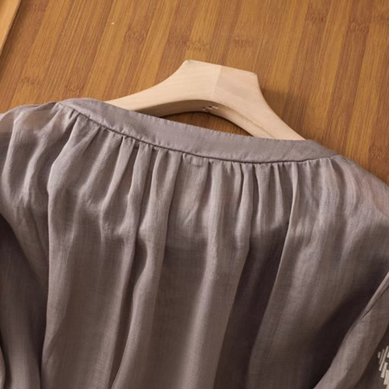 T-shirt casual da donna con scollo a giro, manica corta, in spandex, con ricamo simmetrico Buddha Stones
