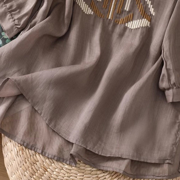 T-shirt casual da donna con scollo a giro, manica corta, in spandex, con ricamo simmetrico Buddha Stones