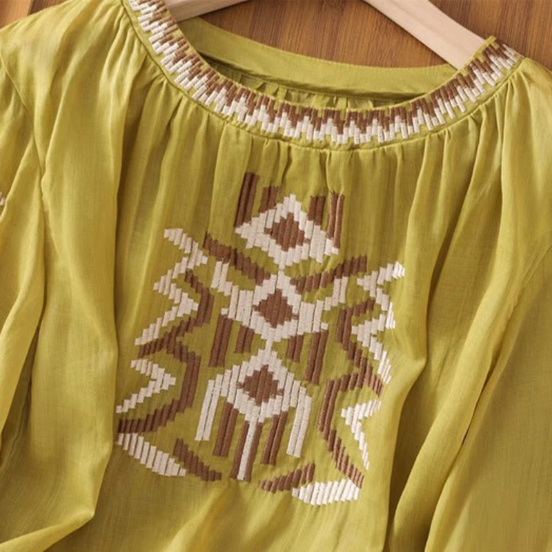 T-shirt casual da donna con scollo a giro, manica corta, in spandex, con ricamo simmetrico Buddha Stones