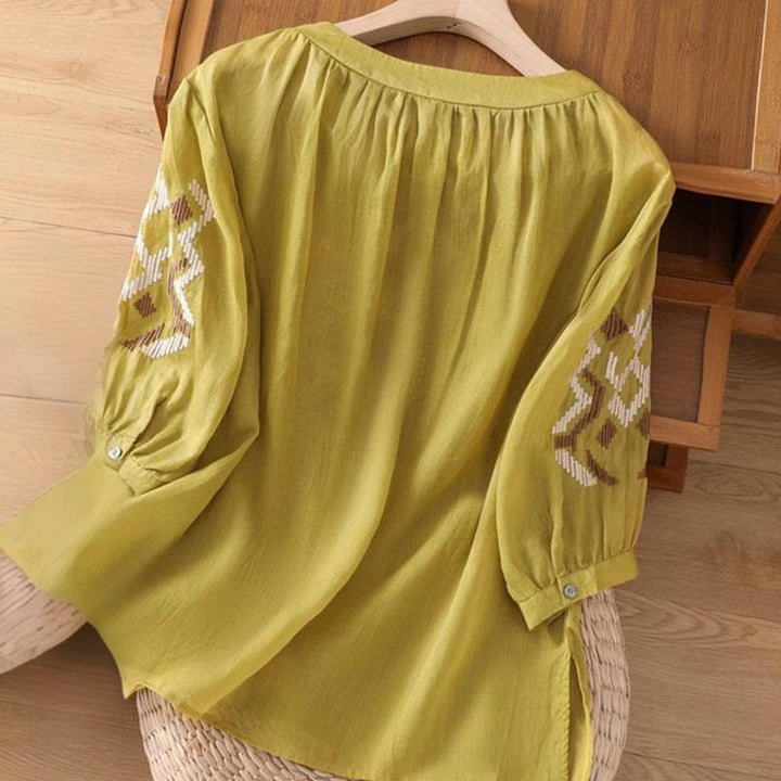 T-shirt casual da donna con scollo a giro, manica corta, in spandex, con ricamo simmetrico Buddha Stones