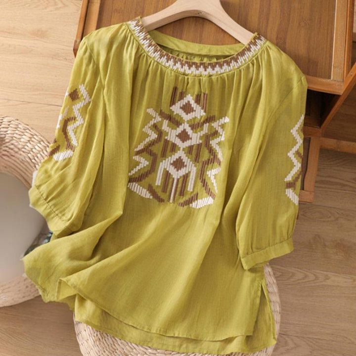 T-shirt casual da donna con scollo a giro, manica corta, in spandex, con ricamo simmetrico Buddha Stones