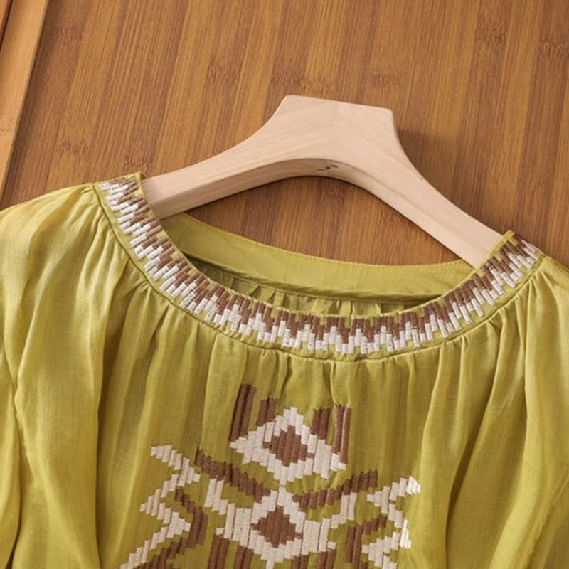 T-shirt casual da donna con scollo a giro, manica corta, in spandex, con ricamo simmetrico Buddha Stones