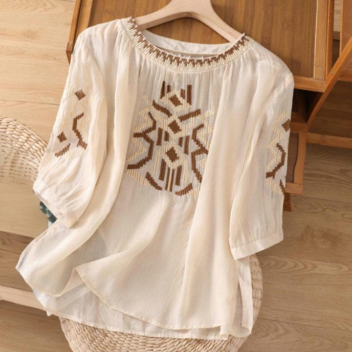 T-shirt casual da donna con scollo a giro, manica corta, in spandex, con ricamo simmetrico Buddha Stones