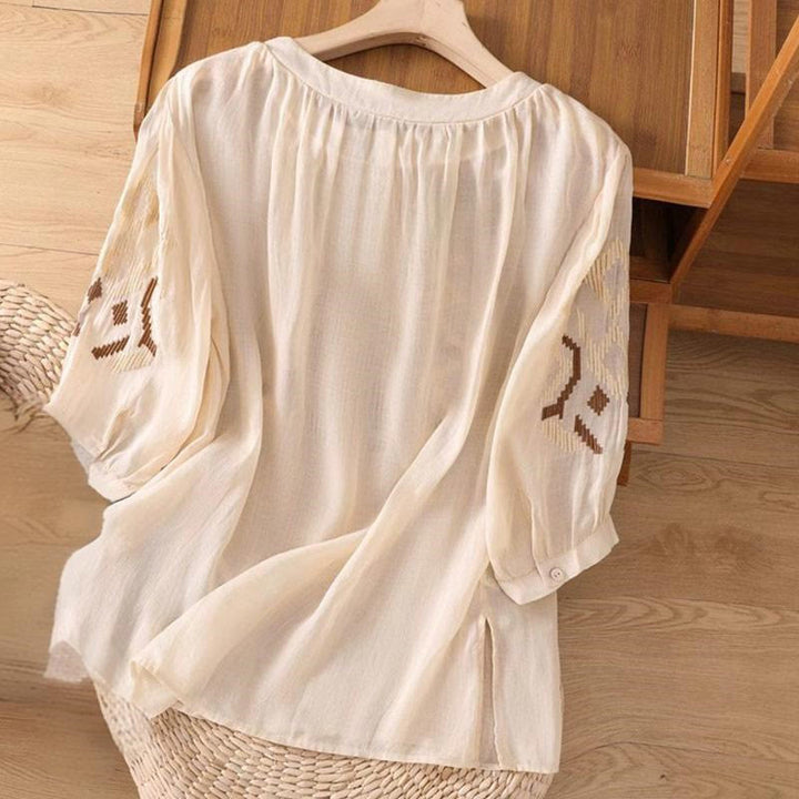 T-shirt casual da donna con scollo a giro, manica corta, in spandex, con ricamo simmetrico Buddha Stones