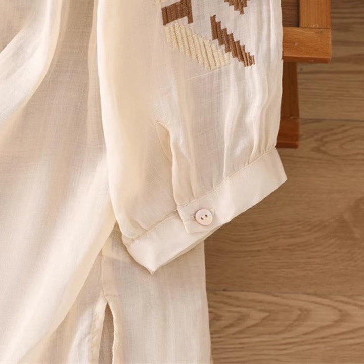 T-shirt casual da donna con scollo a giro, manica corta, in spandex, con ricamo simmetrico Buddha Stones