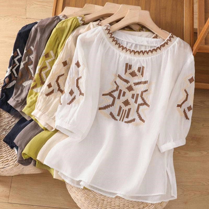 T-shirt casual da donna con scollo a giro, manica corta, in spandex, con ricamo simmetrico Buddha Stones