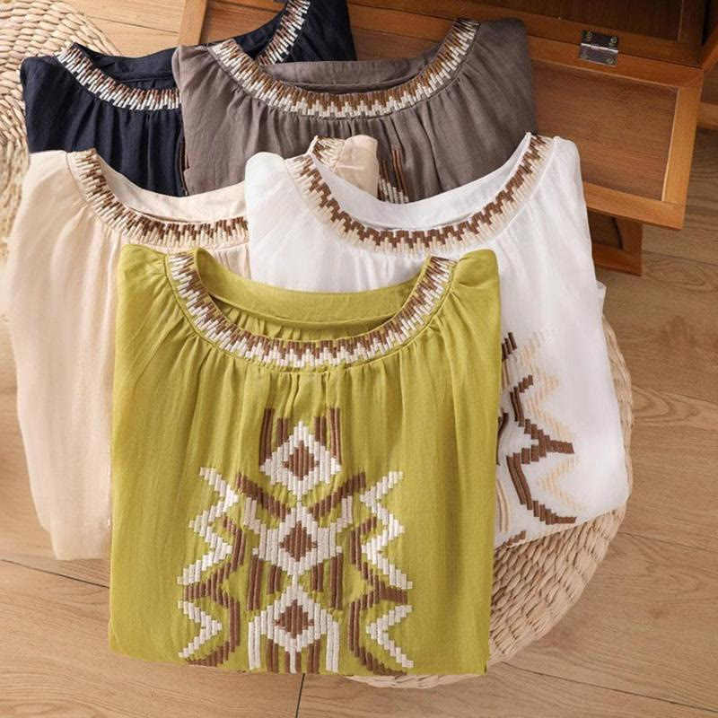 T-shirt casual da donna con scollo a giro, manica corta, in spandex, con ricamo simmetrico Buddha Stones
