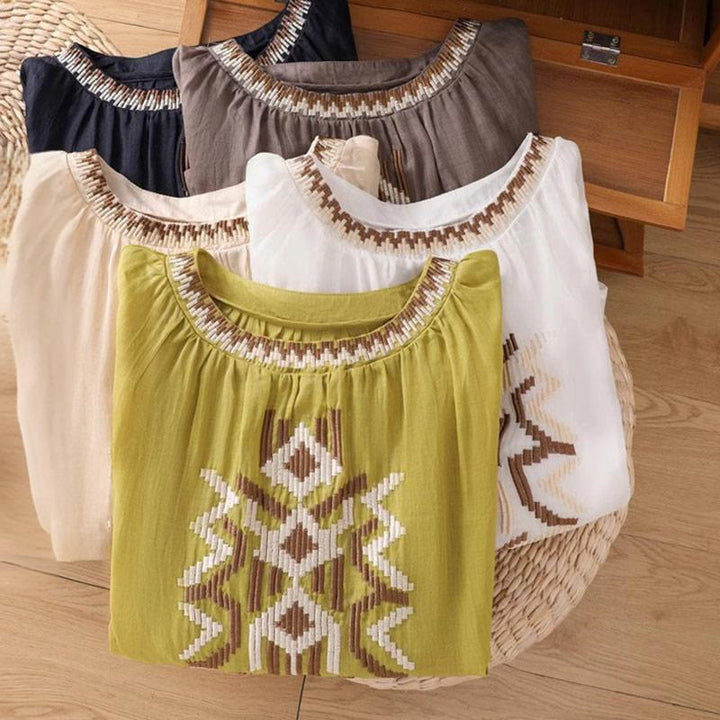 T-shirt casual da donna con scollo a giro, manica corta, in spandex, con ricamo simmetrico Buddha Stones