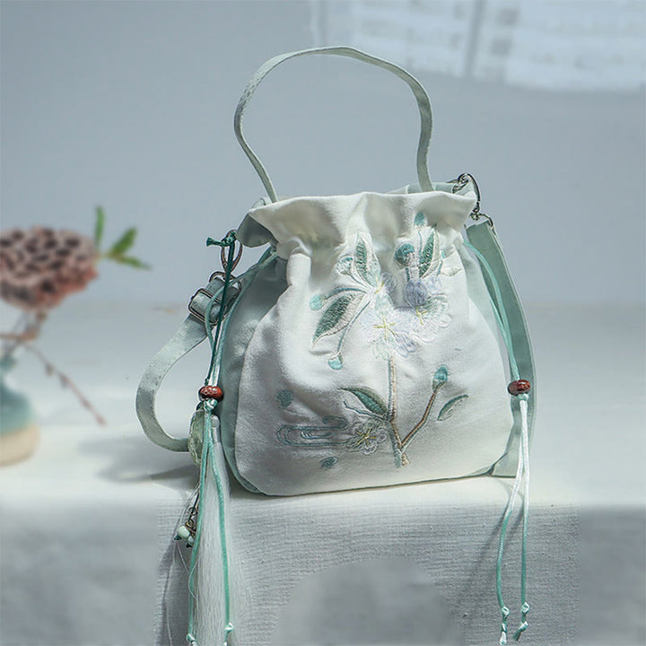 Borsa a tracolla in tela con ricamo Buddha Stones, motivo: fiore di pero verde