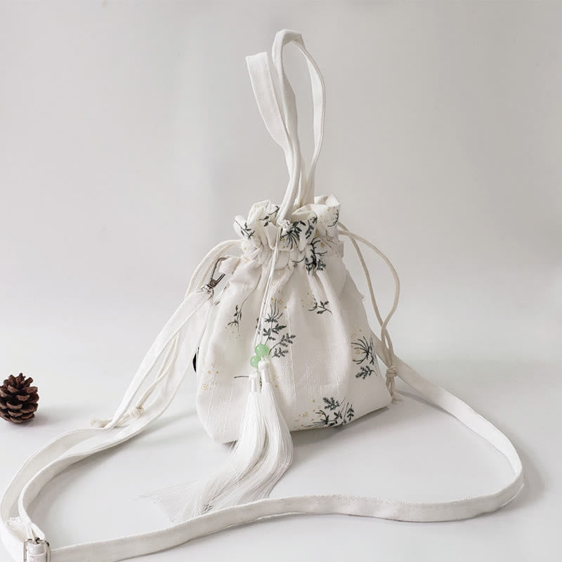Borsa a tracolla in tela con fiori bianchi e foglie verdi, motivo Buddha Stones
