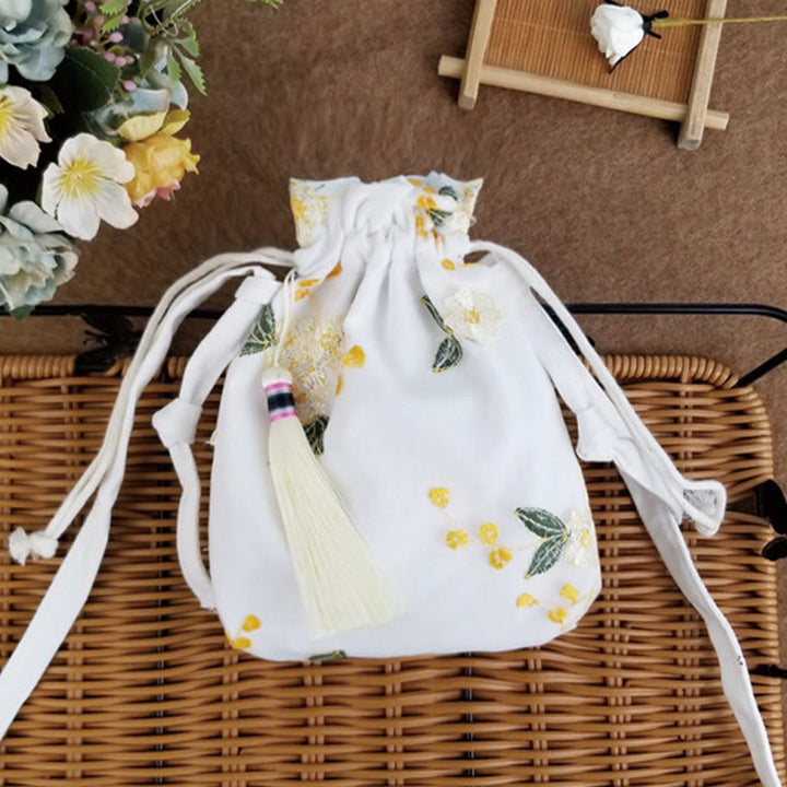 Borsa a tracolla in tela Buddha Stones, fiori ricamati, fiori di ciliegio, vite