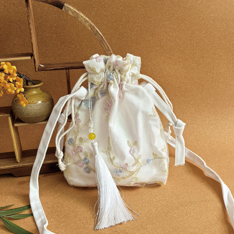 Borsa a tracolla in tela Buddha Stones, fiori ricamati, fiori di ciliegio, vite