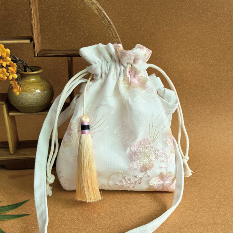 Borsa a tracolla in tela Buddha Stones, fiori ricamati, fiori di ciliegio, vite