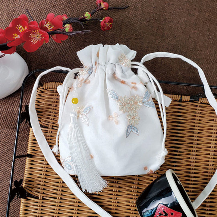 Borsa a tracolla in tela Buddha Stones, fiori ricamati, fiori di ciliegio, vite